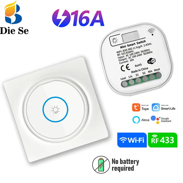 Diese Wifi Rf Smart Home Tuya Light Switch Smart Life 16A AC Relay Receiver No Battery Needed Self Powered Wall Panels Switch