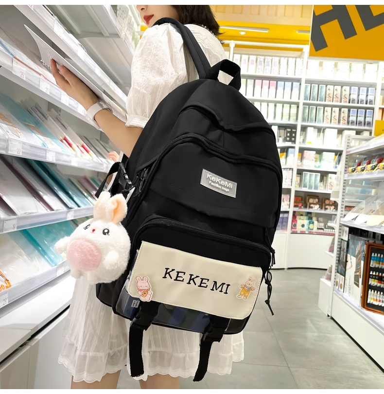 DCIMOR New Letters Embroidery Nylon Women Backpack Female Contrast Color Multi-pocket Travel Bag Kawaii Girl Schoolbag Bookbag