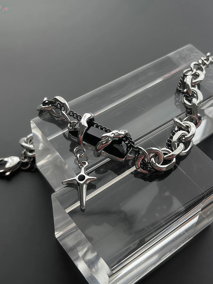 Bracelet Hip Hop Obsidian Star Bracelet For Men Women Punk Design Non-Fading Titanium Steel Luxury Charm Couple Jewelry Kpop Gift