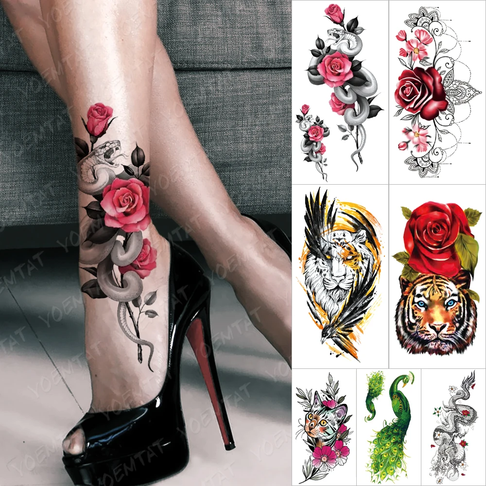 Waterproof Temporary Tattoo Sticker Rose Snake Flower Tattoos Lace Tiger Dragon Body Art Arm Fake Sleeve Tatoo Women