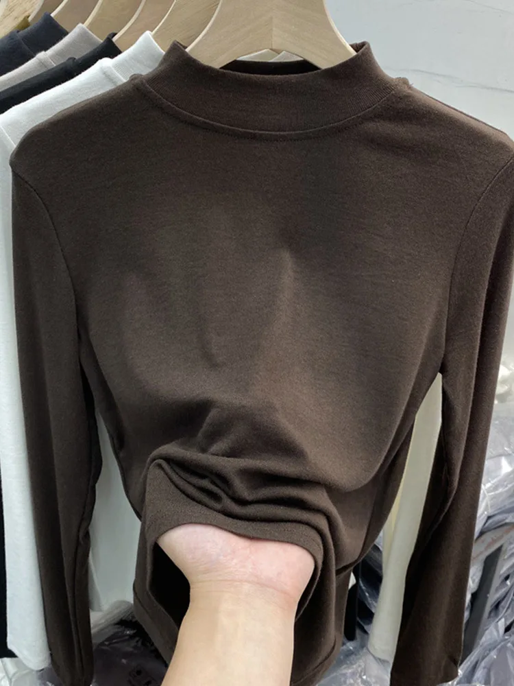 Basic High Quality Pure Cotton White T-shirt for Women Elegant Slim Top Women's Half Turtleneck Long Sleeve T-shirts