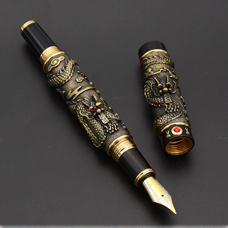 Jinhao Metal Dragon Fountain Pen 3D Carving Heavy Ink Pen Iridium EF/F/M/Bent Nib Beautiful Writing Gift Pen for Office Business