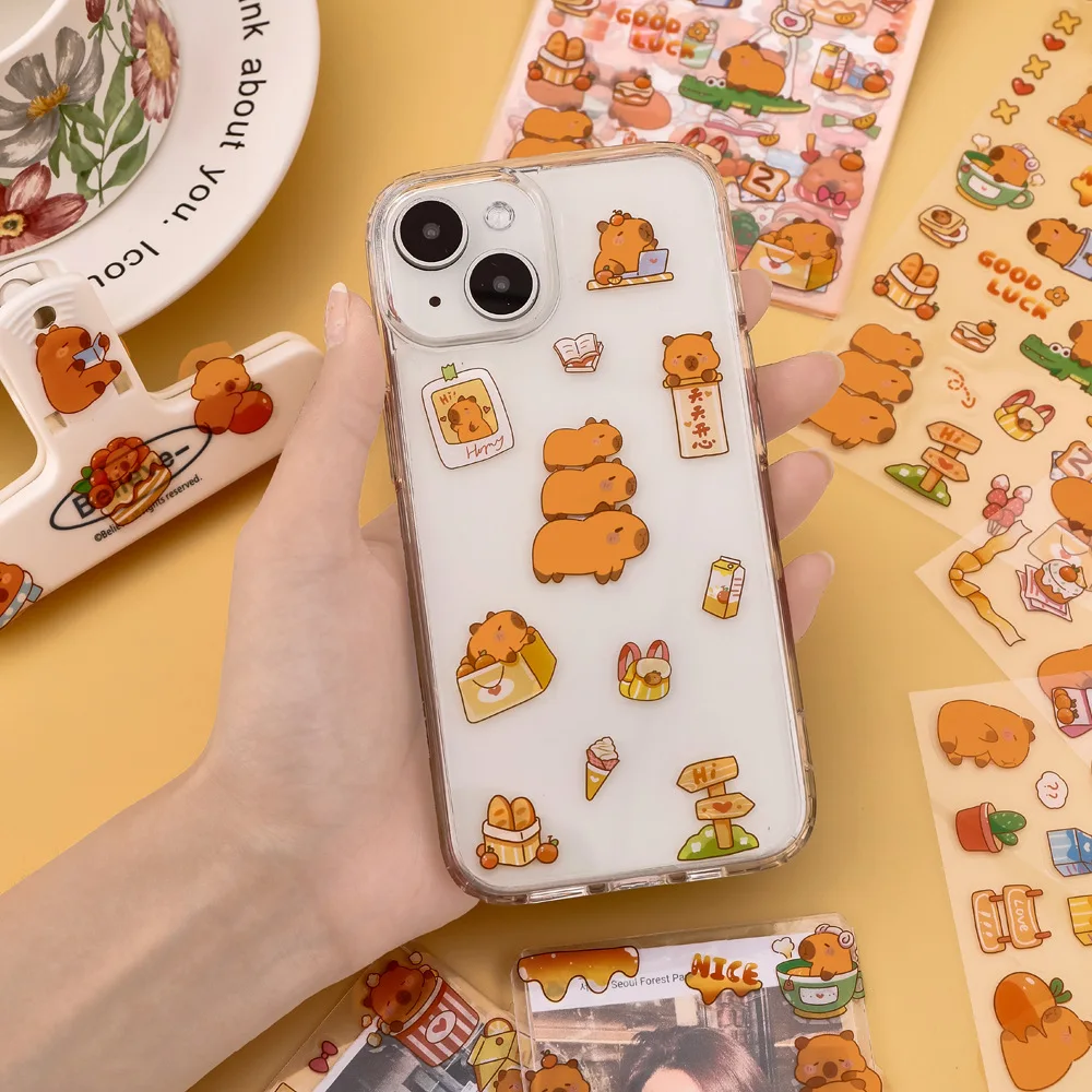 6 fogli/confezione Kapibara PET adesivo studente carino conto a mano materiale decorativo cartone animato capibara custodia per cellulare fai da te - immagine 2