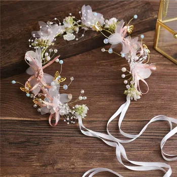 Accessorio da sposa Corona da sposa Capelli Gioielli in cristallo Tiara con perle Fiori Corona da sposa Fascia da sposa con perle floreali