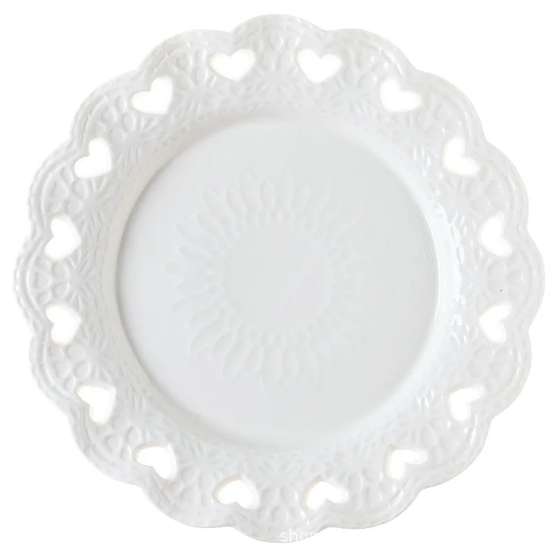 European Relief Love Plate Pure White Heart-shaped Hollow Plate Household Round Bowl Cake Ceramic Dessert Dinner Set Dishes