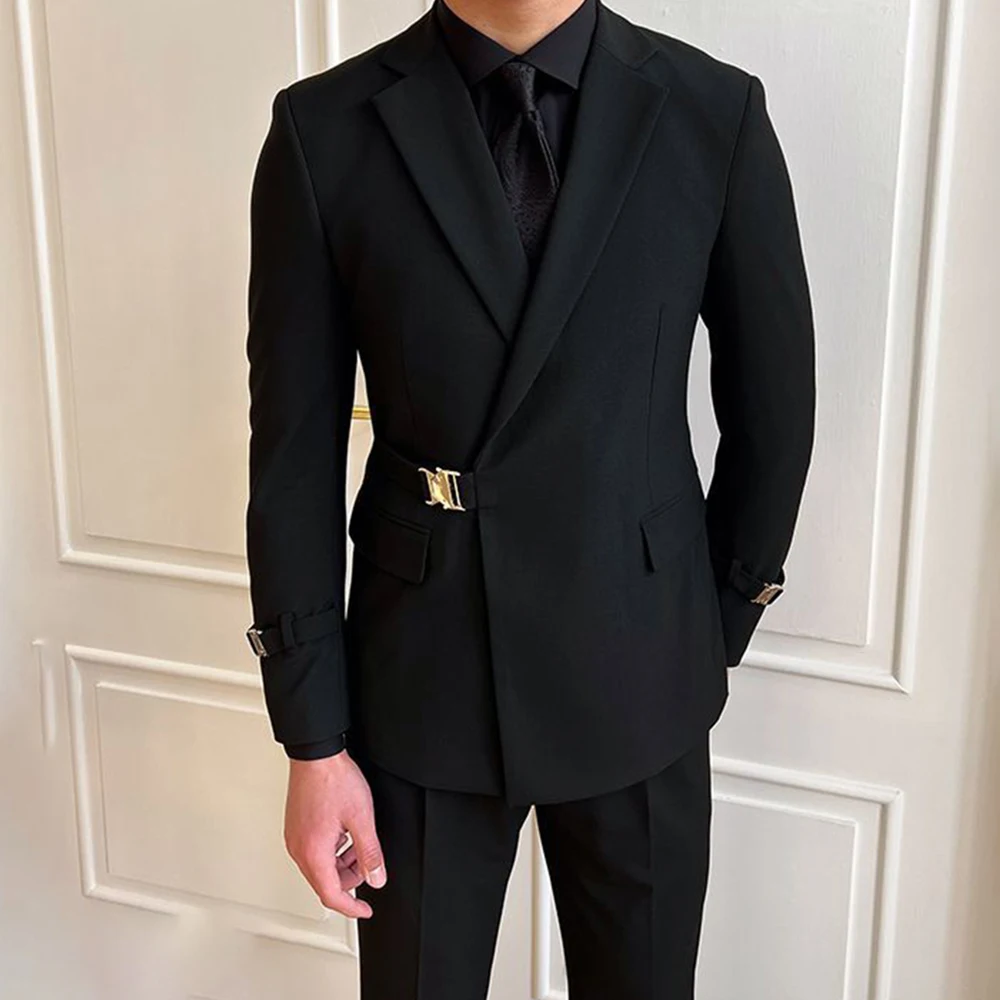 British Style Black Suit Jacket Male Elegant Gentleman Business Casual Professional Formal Dress Body Belt A Double Breasted 4