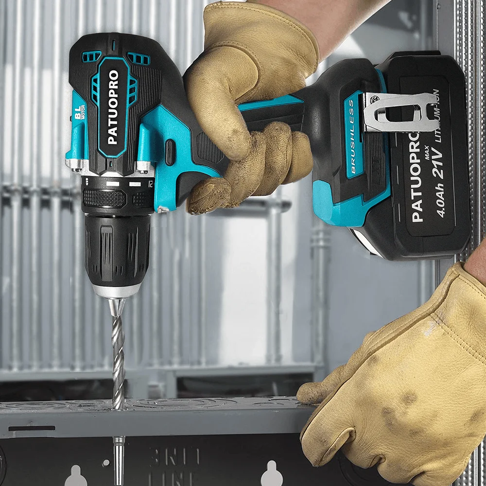 PATUOPRO 브러시리스 전기 드릴, 21 토크 목공 무선 휴대용 전동 공구, Makita 18V 배터리 (배터리 없음), 10mm