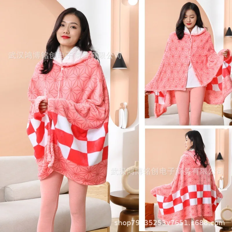 Demon Slayer Plaid Blanket Anime Kimetsu No Yaiba Cosplay Prop Shinobu Custom Women Pajamas Adult Bathrobe Shawl Gown Homewear 3