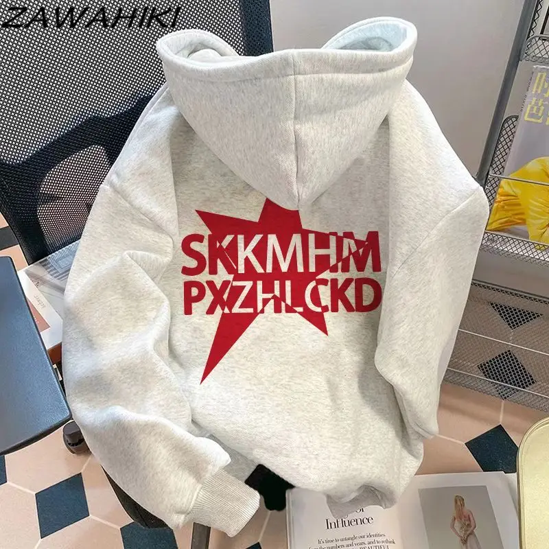 

ZAWAHIKI Sweatshirt Women American Streetwear Hiphop Star Letter Print Spring Fall Loose Lovers All Match Casual Ropa Mujer