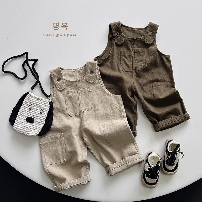 Korean Autumn Children Boy Strappy Pant Cotton Sides Pocket Toddler Boy Cargo Pants Solid Versatile Baby Wide Leg Pants boys cargo pants