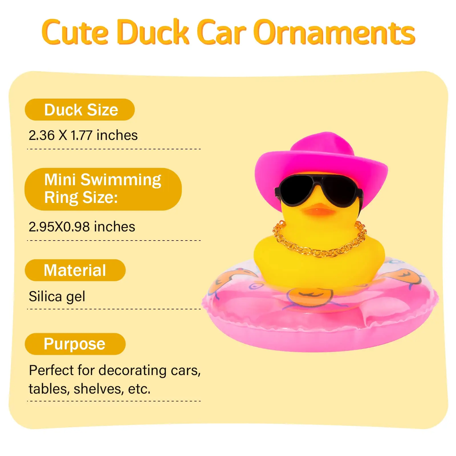 Rubber Car Duck Decoration Dashboard Car Ornament , Accessories with Mini Sun Hat Swim Ring Necklace and Sunglasses 2