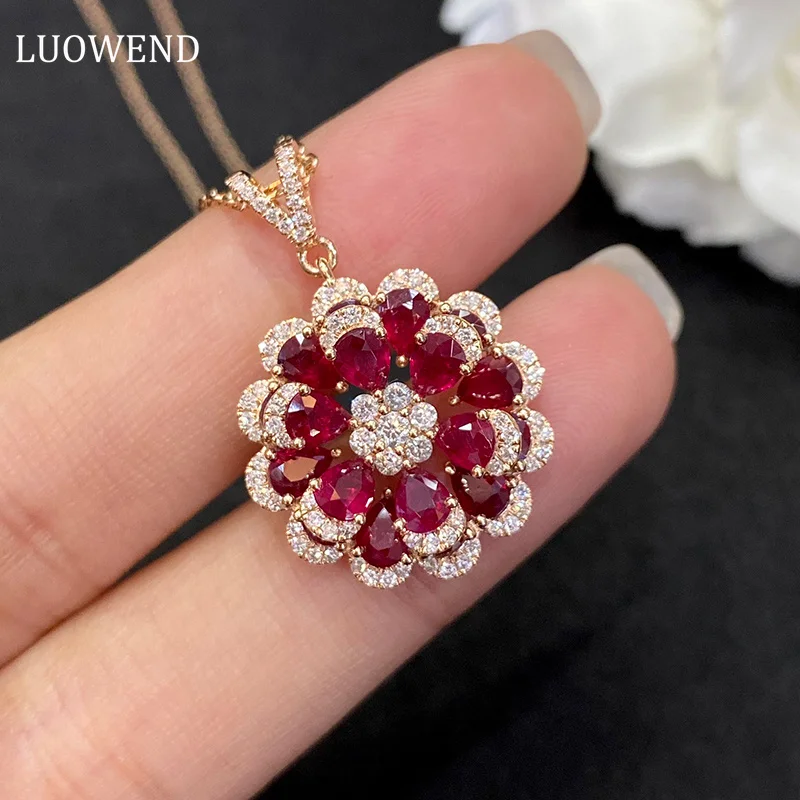 LUOWEND 18K Rose Gold Necklace Real Natural Ruby Shiny Gemstone Fine Romantic Flower Shape Diamond Jewelry for Women Engagement