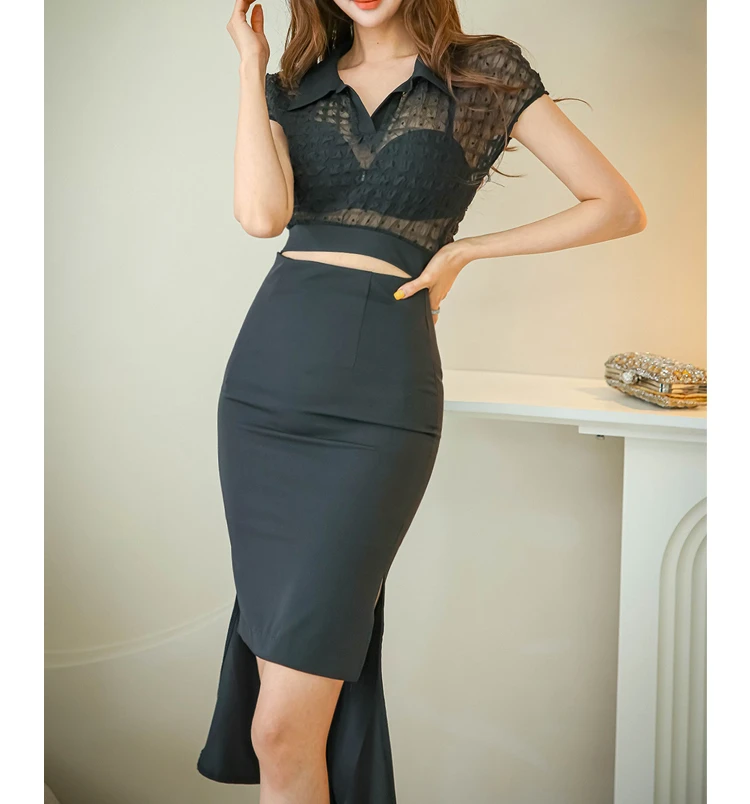 

Chic Black Dress Women Hollow Out Streetwear Korean Elegant Dress Bodycon Business Turn-down Neck Vestidos Evening Party