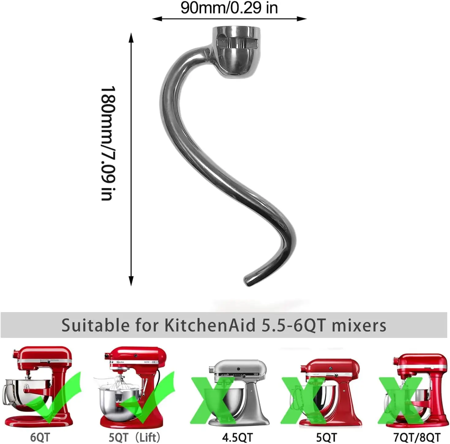 Spiral Dough Hook Replacement for KitchenAid 5 plus/6 Qt. Bowl-Lift Stand  Mixers for KNS256CDH