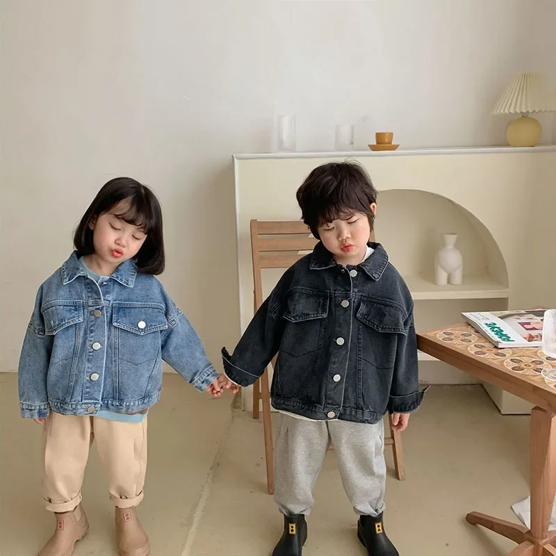 Denim Kids Jacket with Turn Down Collar for Girls and Boys