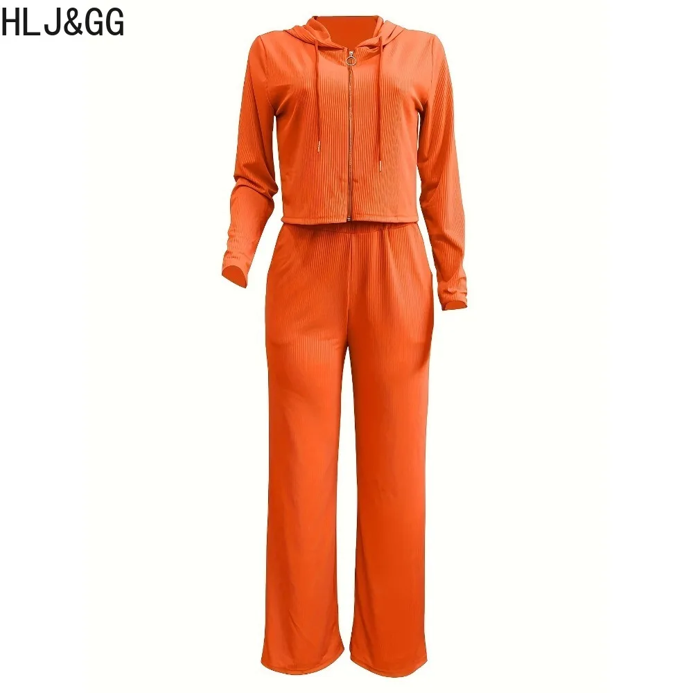 HLJ&GG Fashion Solid Color Hooded Two Piece Sets Women Zipper Long Sleeve Coats And Wide Leg Pants Outfit Female 2pcs Tracksuits