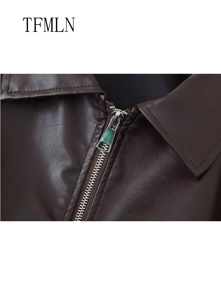 Fashion Faux Leather Jackets For Women 2025 Autumn Chic Causal Full Sleeve Zipper Loose Belt Coat Vintage Lapel Oversize Outwear