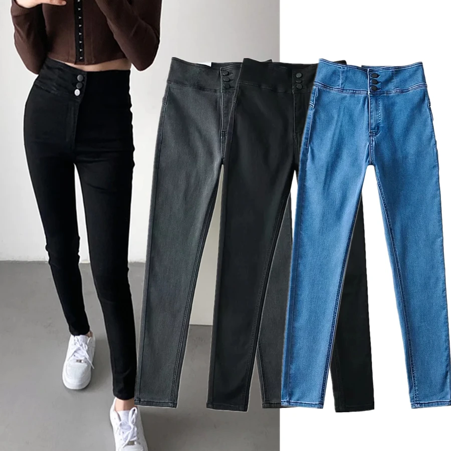 Dave&Di Push Up High Street Single Breasted Buttons High Waist Pencil Denim Pants Jeans Women  Super Skinny Jeans Women