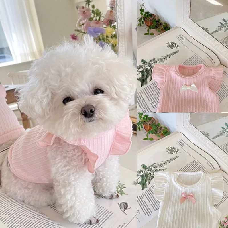 Dog Clothes Dog Vest Cute Bow Teddy Puppy Pullover Summer Breathable Two-Legged Solid Color
