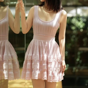 2025 Estate Nuovo in mini abito aderente aderente in maglia a costine rosa senza maniche Abito da lavoro versatile e casual 1