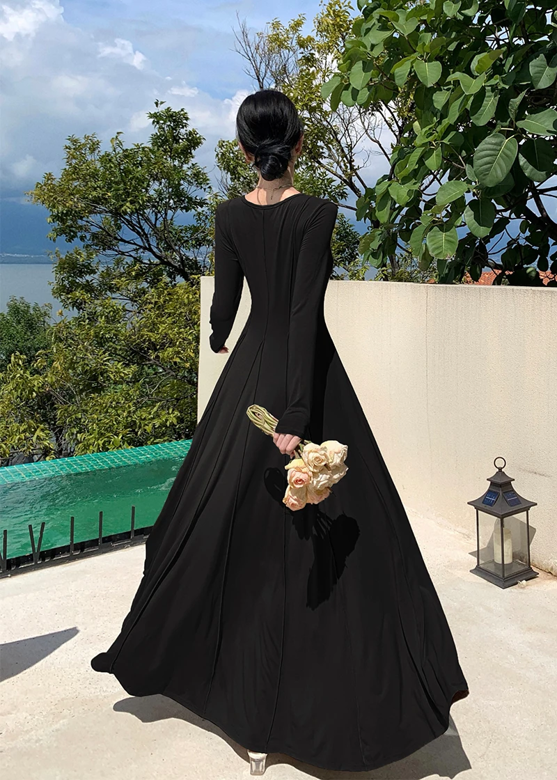 Casual Knitted Dresses for Women Long Sleeves Square Collar A-line Autumn Maxi Dress Korean Fashion Solid Vestidos Mujer New