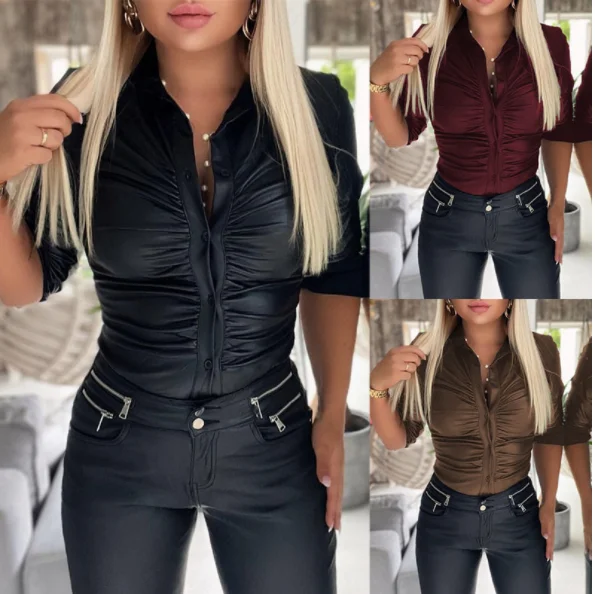 Tops Women 2023 Trendy Fashion Plain PU Leather Ruched Button Down Casual Long Sleeve Skinny Shirt All-Match Female