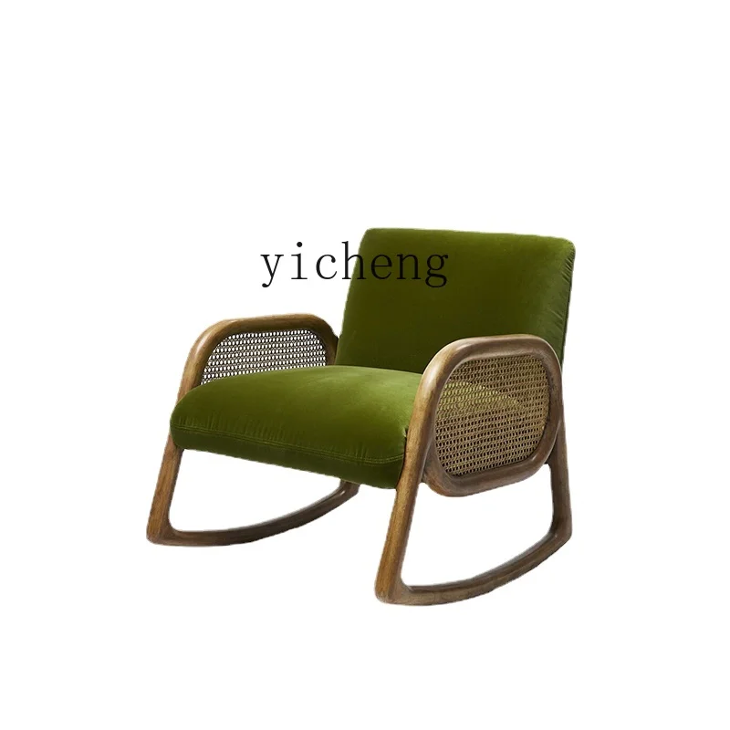 

Yy Nordic Retro Solid Wood Rocking Chair Home Living Room Nap Lying Chair Creative Woven Rattan