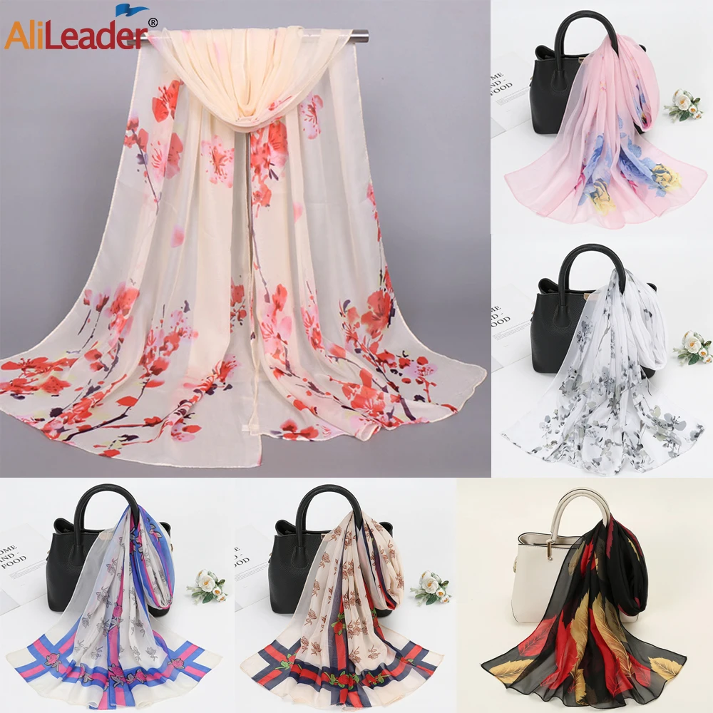 Women'S Chiffon Scarf Neck Fashionable Printing Floral Style Lightweight Summer Sun Protection Scarves For Ladies And Girls