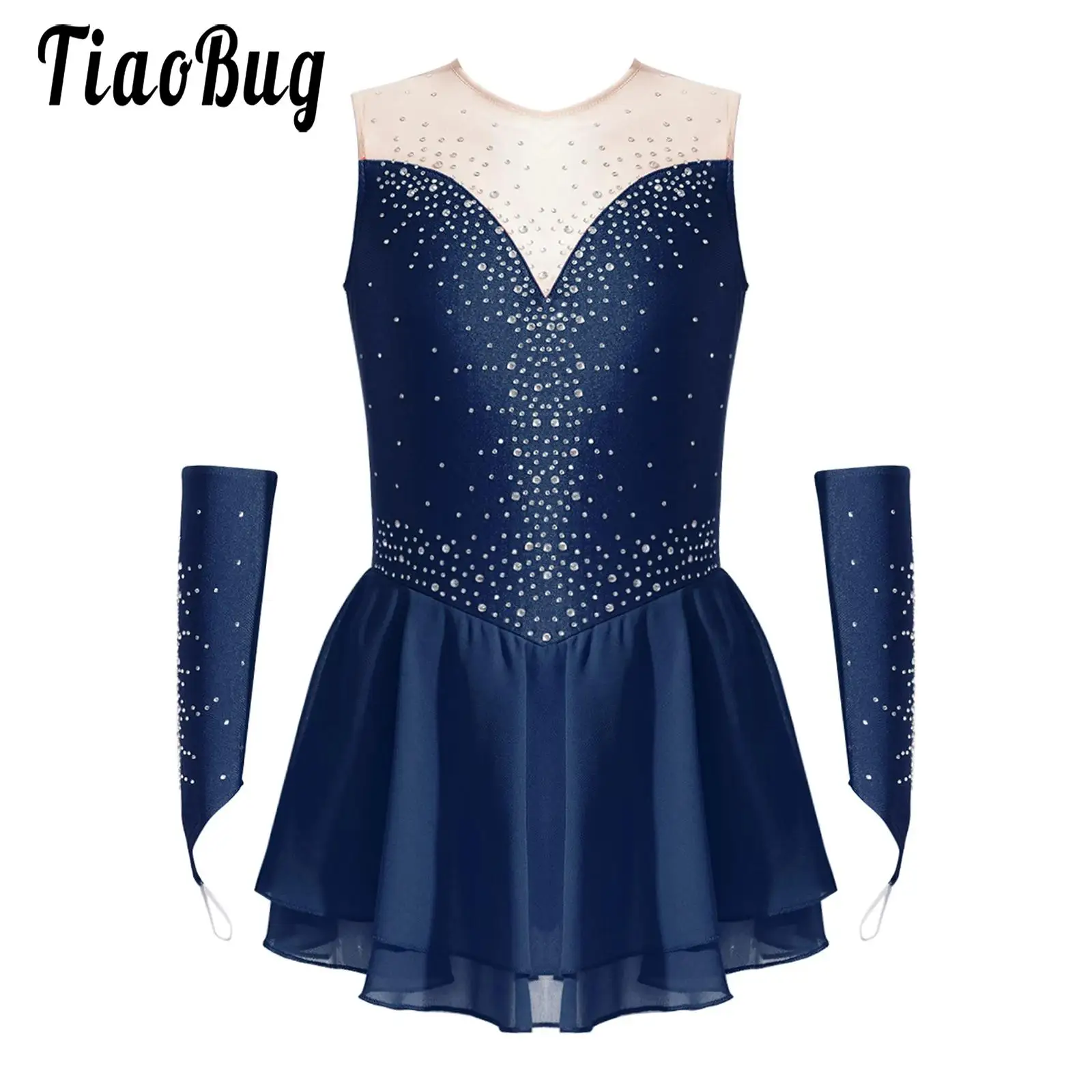 Kids Girls Figure Skating Dress Lyrical Dance Performance Costume Gymnastics Rhinestones Sleeveless Leotard Dress with Gloves