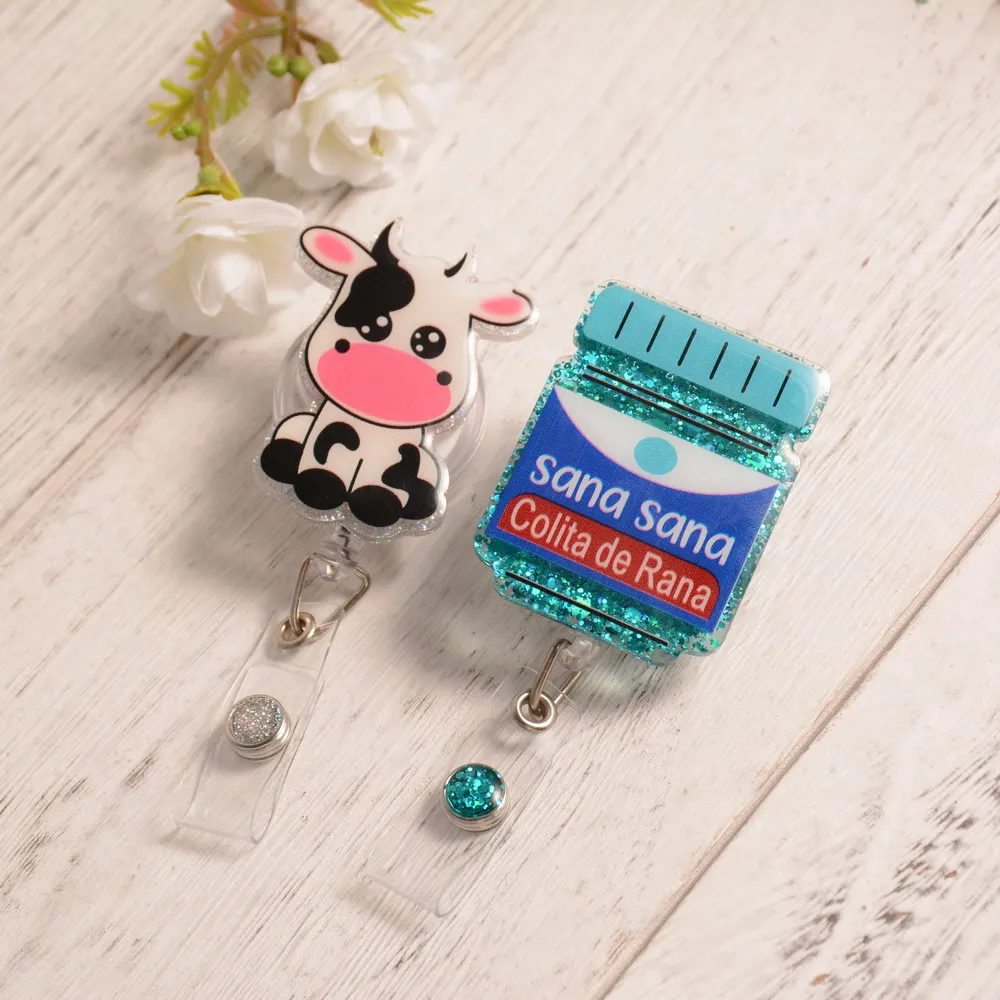 1pc Resin Badge Retractable Shape Cow and Bottle Cute Badge Reels