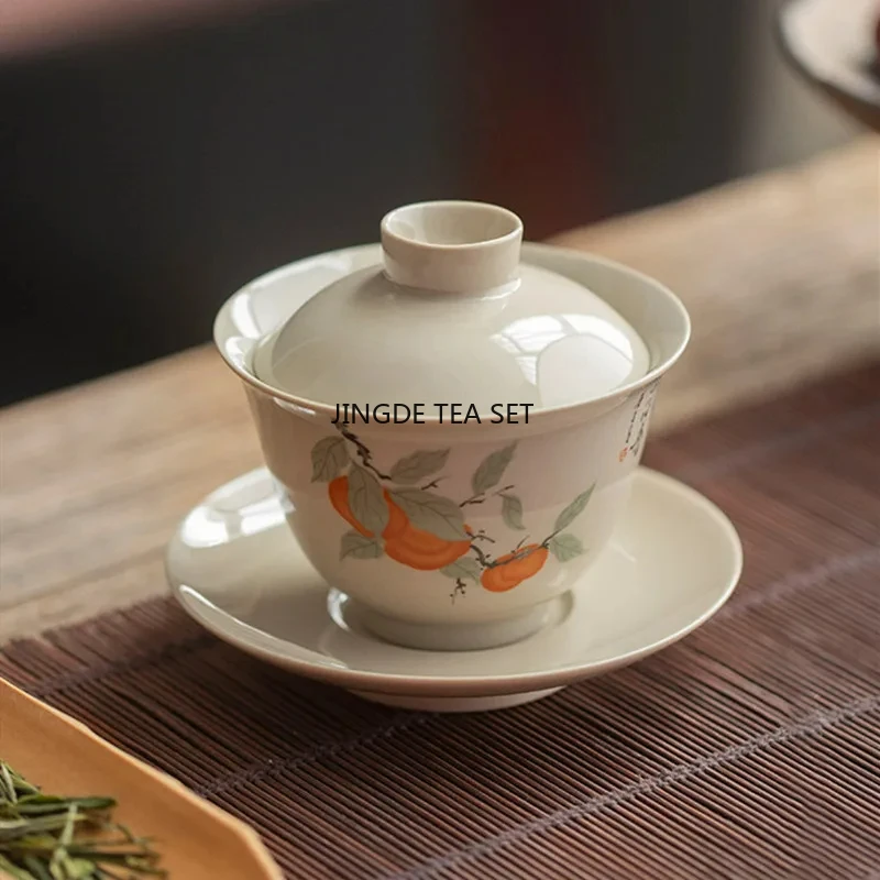 Chinese ceramic covered bowl vintage handmade hand-painted flower tea bowl portable tea set for travel