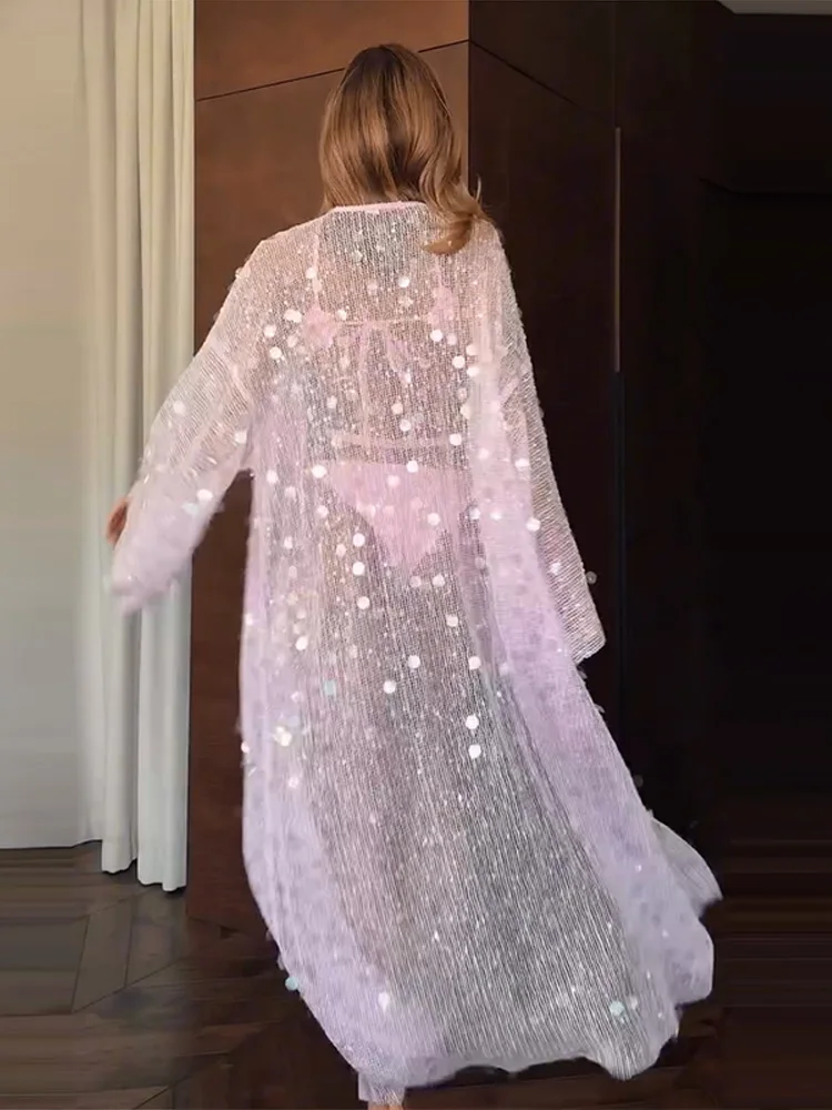 Women's Sequin Dress Mesh Beachwear Maxi Kimono Open-Front Waist Tie Elegant Beach Vacation Cover-Up Outerwear Holiday Clothing 1