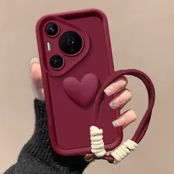 Candy Color Love Heart Hand Strap Shockproof Silicone Phone Case for Huawei Pura 80Pro (Wine)