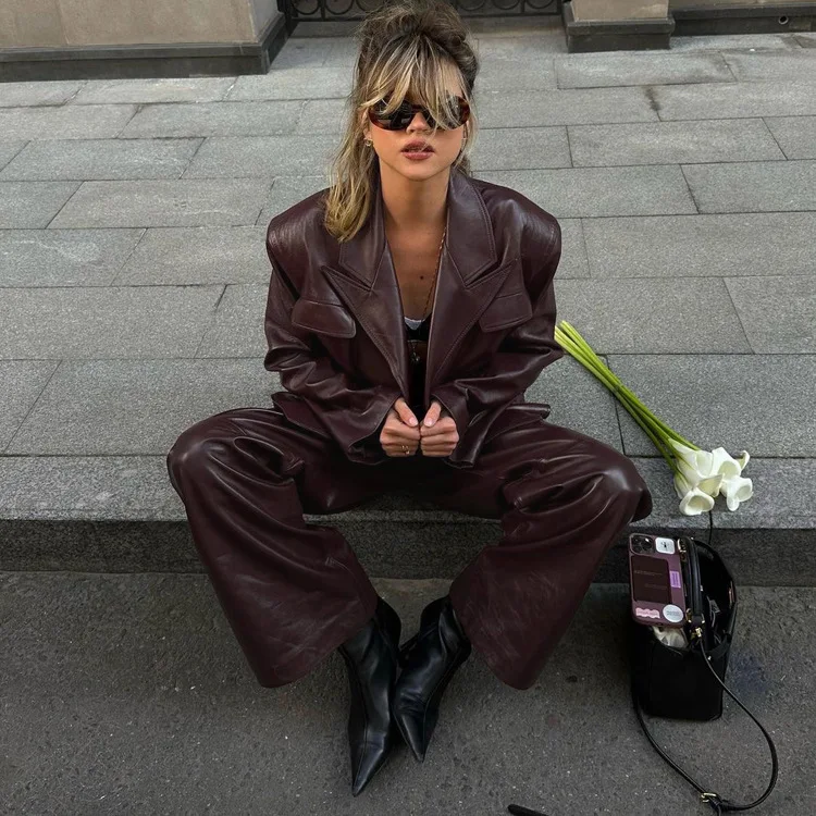 Vintage PU 2 Piece-Set Trousers Female Lace-Up Pocket Fashion Outwear Streetwear Autumn Patchwork Women's Pants Sets