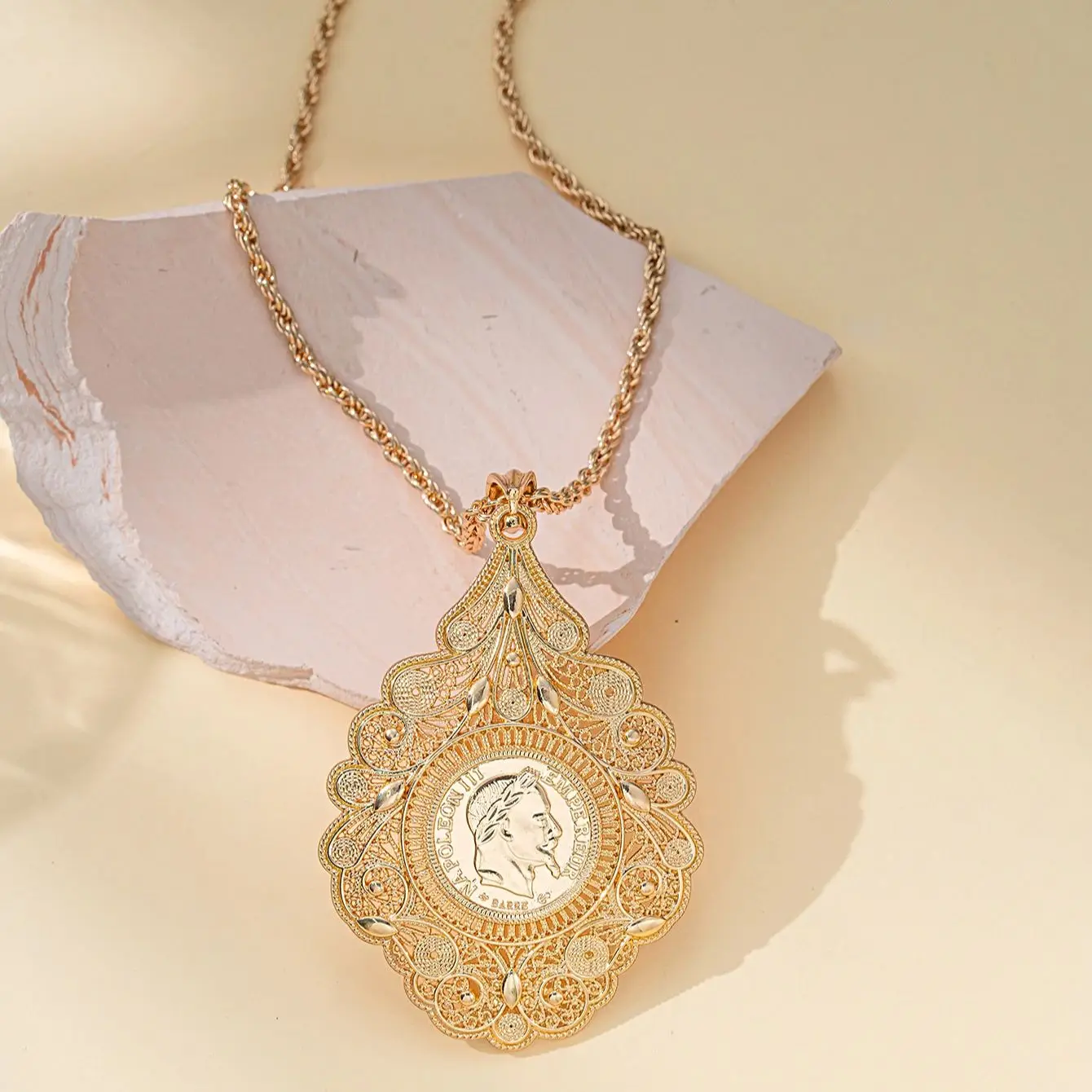 Gold Plated Napoleon Coin Pendant Necklace Long Chain Middle