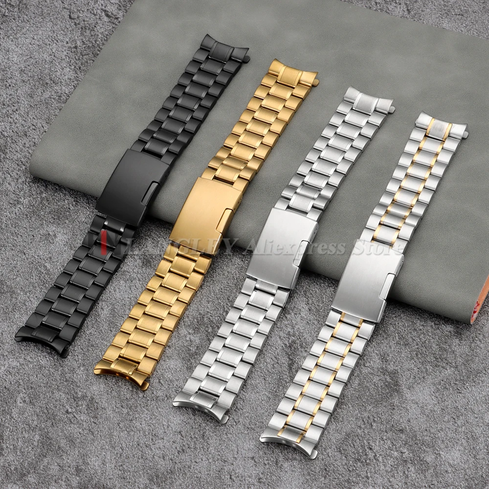 Sleek Stainless Steel Curved-End Watch Strap with Folding Buckle