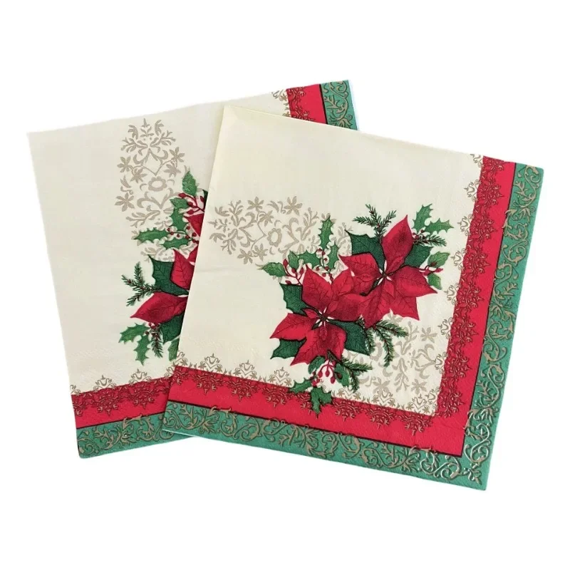 10/20pcs 2Ply 33cm Christmas Napkins Red Christmas Flowers Printed Paper Napkins Disposable Placemats Colourful Printed