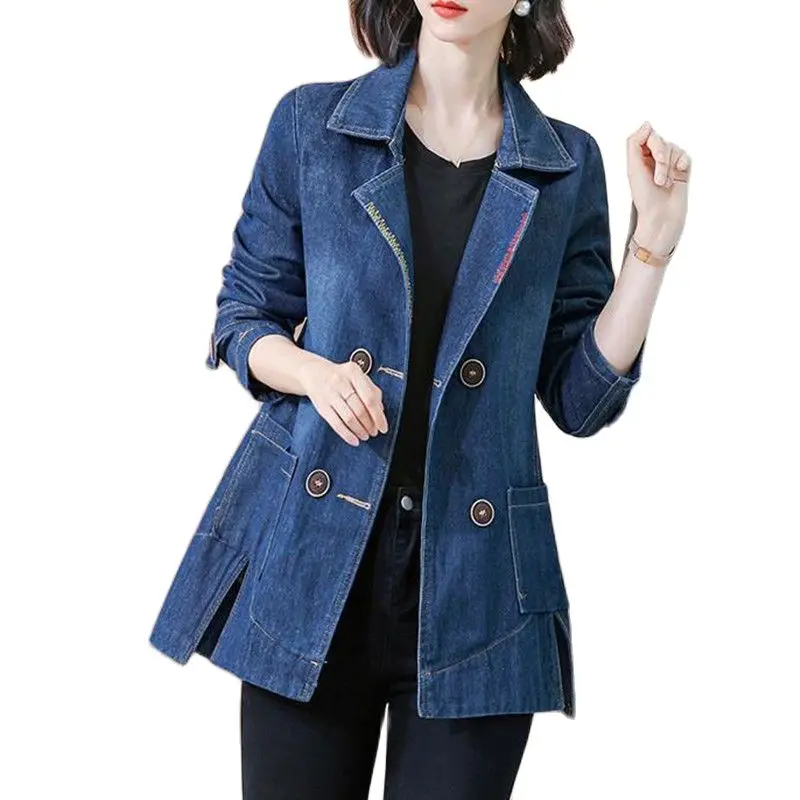 

NewSpring Autumn Denim Jacket Coat Women Double Breasted Full Sleeves Vintage Windbreaker Female Long Jean Jacket Outerwear Tops