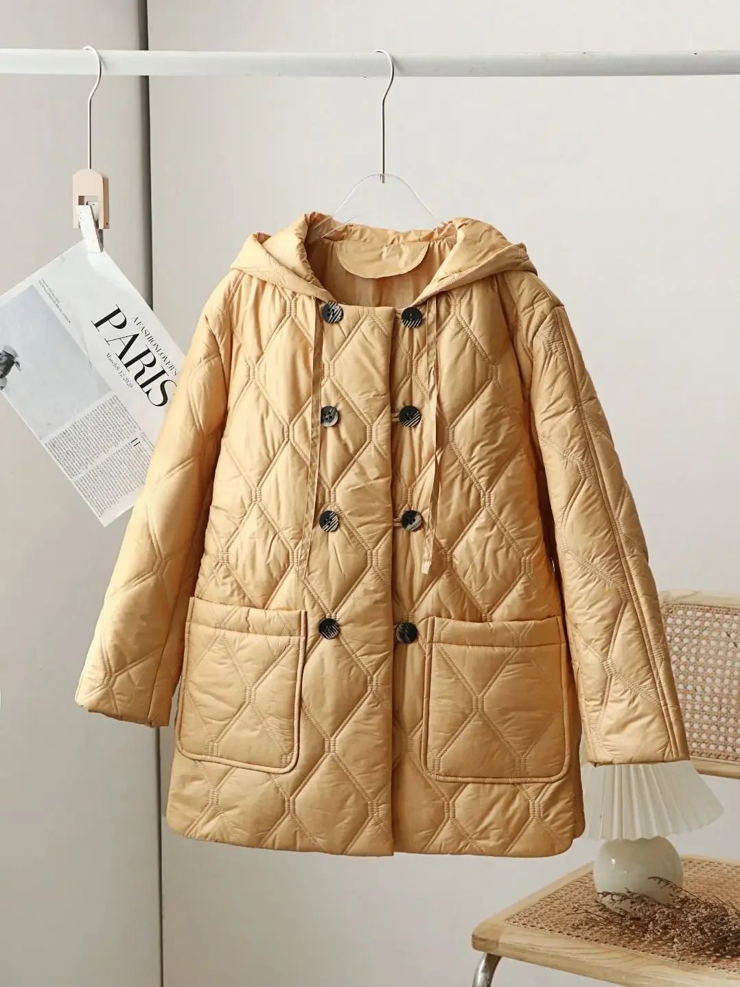 

Women's Parkars Coat Double Breasted Hooded Drawstring Winter New Fashion Argyle Quilted Warm Jacket with Pockets