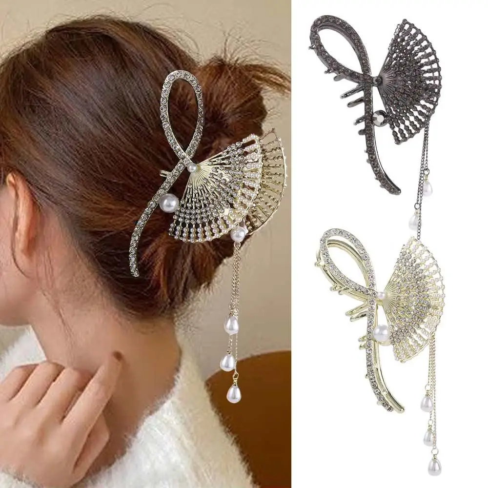 

Sweet Cute Gold Diamonds Rhinestone Fan Ancient Style Hair Clip Chinese Style Headwear Tassel Hair Claw Female Hair Accessories