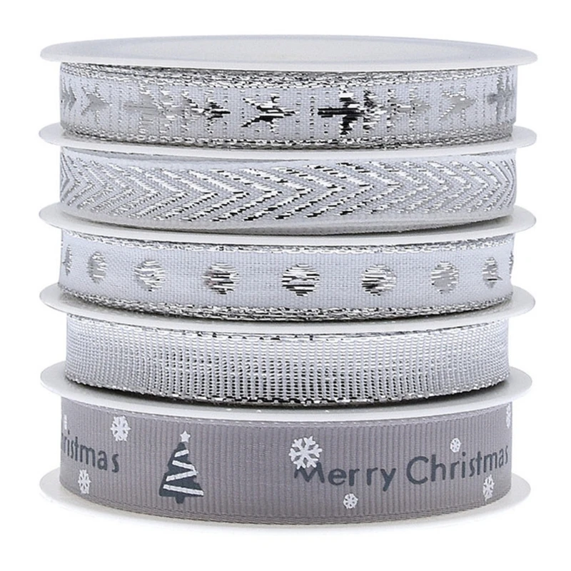 

5 Rolls 2/10/15mm Christmas Ribbon Grosgrain Ribbon Craft Ribbon for Christmas Holiday Gift Wrapping Hair Bow