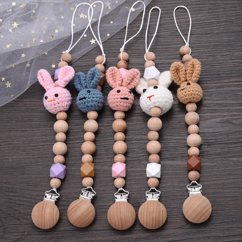Baby Beech Teether Pacifier Chain Cartoon Animal Handmade Wood Teether Chain Baby Pacifier Clips Nipple Clip Teething Chew Toys 2