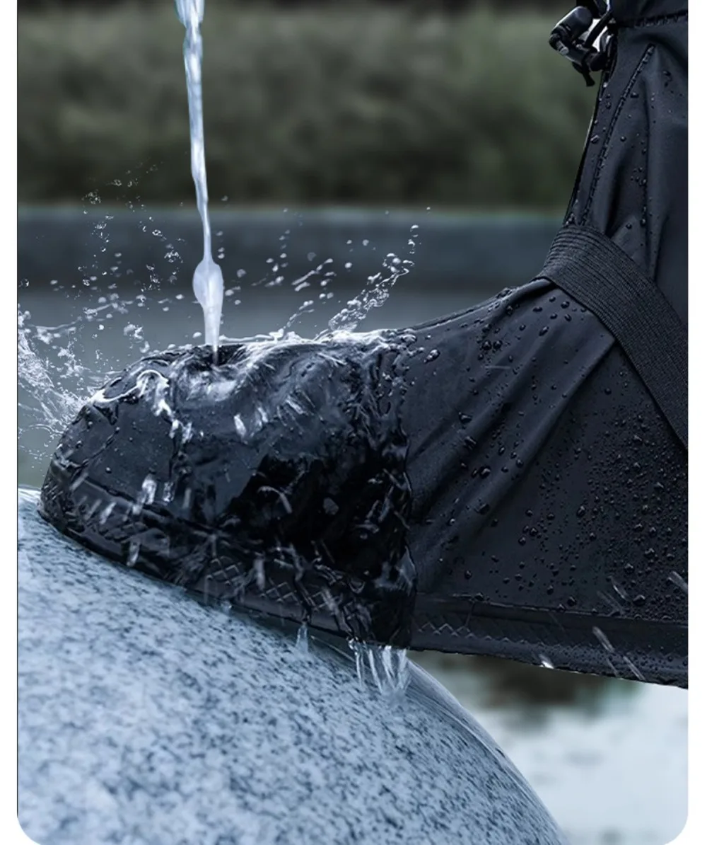 1 Paar wasserdichte High-Top-Überschuhe, schwarz, rutschfest, wiederverwendbar, für Motorrad, Radfahren, Fahrrad, Herren und Damen, Überschuhe, PVC-Schutz – Detail 5