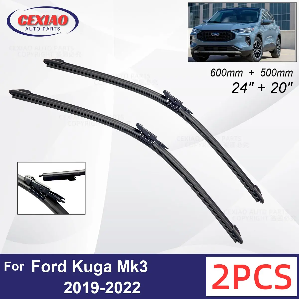 

Автомобильный стеклоочиститель для Ford Kuga MK3 2019-2022, передние стеклоочистители, мягкие резиновые стеклоочистители для автомобильного лобового стекла 24 дюйма + 20 дюймов 600 мм + 500 мм