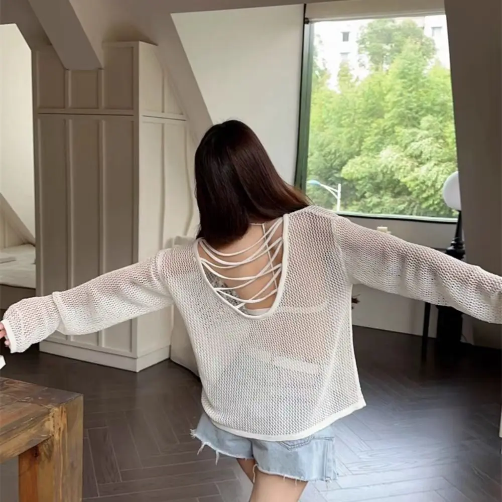 Stylish Casual Knitted Hollow Pullover Round Neck Beachwear Long Sleeve T Shirt Loose Stripe Crochet Top Women Beach 1