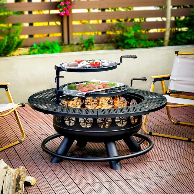 36 Inch Fire Pit with 2 Cooking Grills,Outdoor Wood Burning BBQ Firepit with Lid, 3-in-1 Outdoor Fire Pit 5