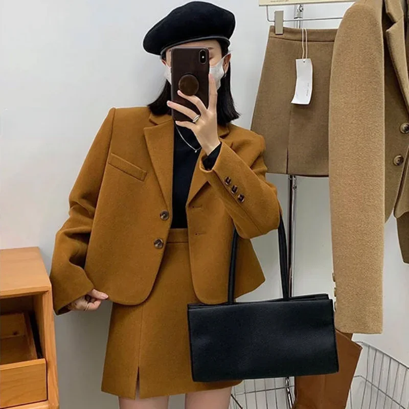 

Suit with Skirt and Blazer Woolen Cloth Outfit Mini 2024 Womens Short 2 Sets Two Piece Set for Women Long Sleeve Summer Office
