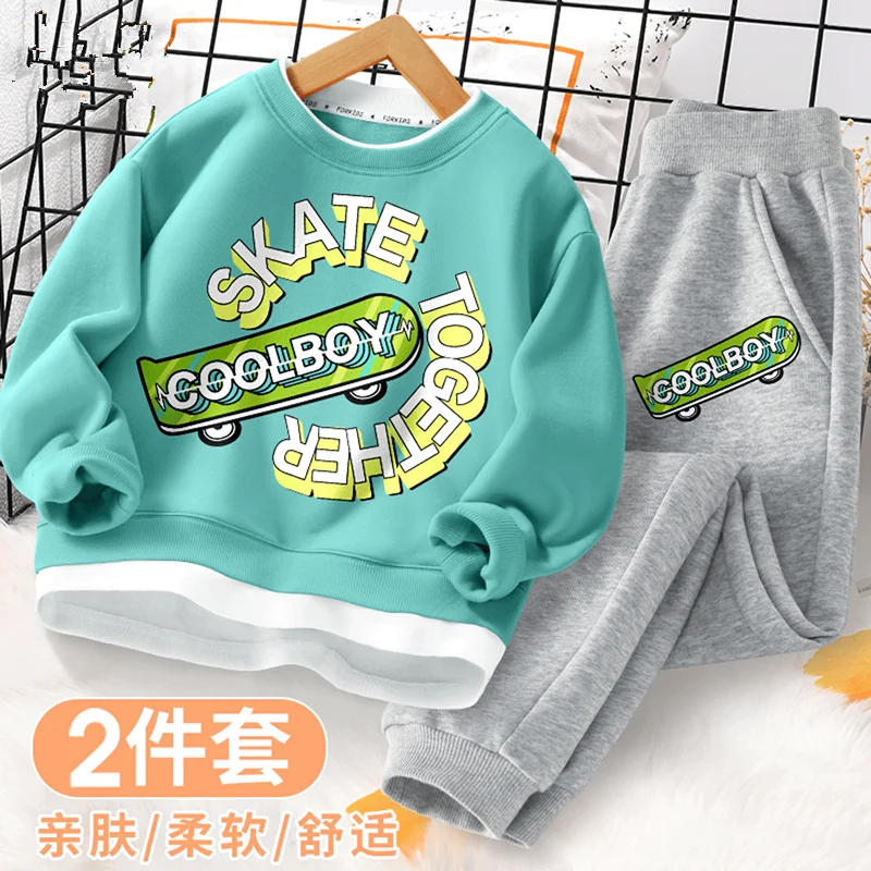 

Baby Boys' Sets Two Pieces O-Neck Long Sleeve Top Cuffed Pants Cartoon Print Loose Hem Pure Cotton 2023 Spring Autumn 5-14 Yrs