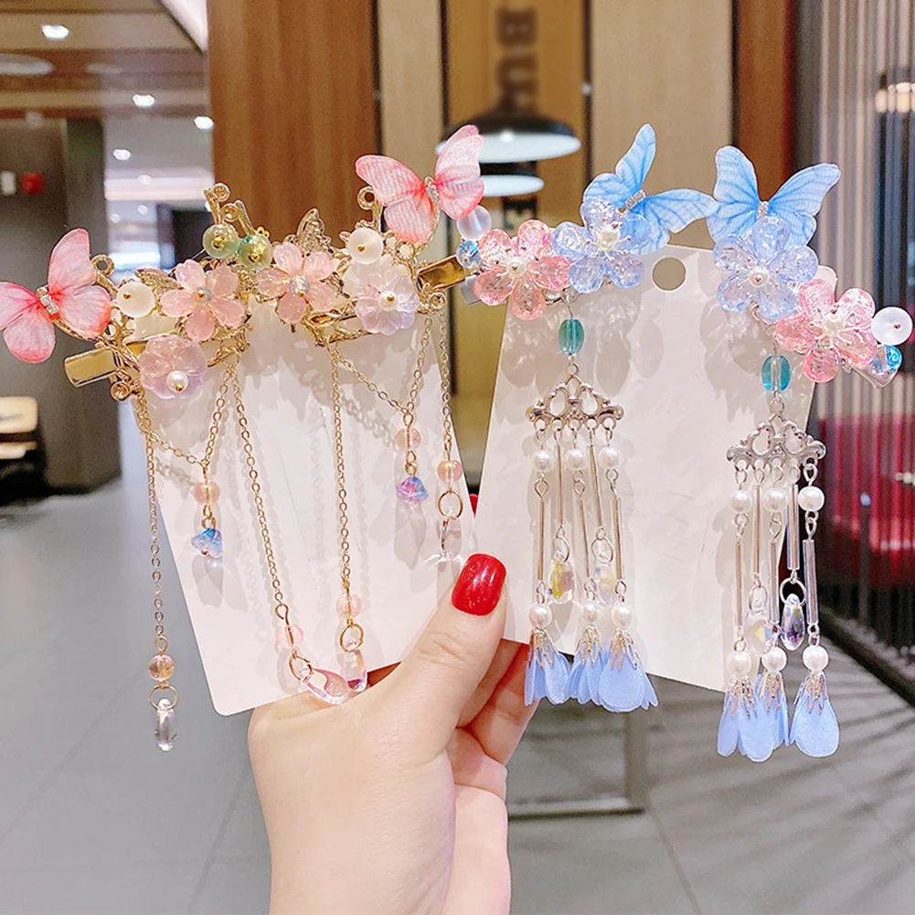 

1pair Hanfu Cosplay Butterfly Hairpins Women Girls Kids Crystal Flower Tassel Hairclip Hair Pin Accessories Barrettes Hairgrip