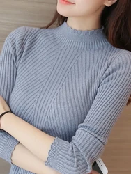 Autumn 2024 Women's Ruffled Mock Neck Knit Sweater - Long Sleeve Casual Pullover - One Size (GRAY)